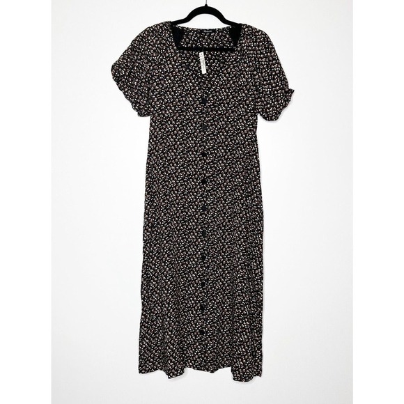 NWT Madewell Bubble-Sleeve Floral Midi Dress Button-Front Womens Black Size XXS - Picture 4 of 8